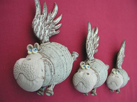  Pottery Flying Hippos - set of three 