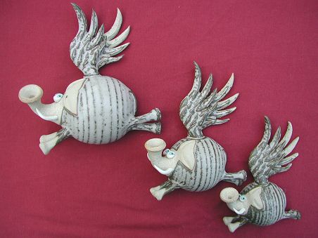  Pottery Flying Elephants - set of three 